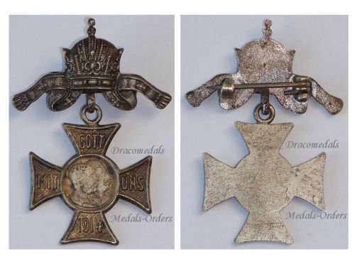 Austria Hungary WW1 Cap Badge Cross with the Austrian Imperial Crown and the United Kaisers Franz Joseph I Wilhelm II Inscribed Gott Mit Uns 1914