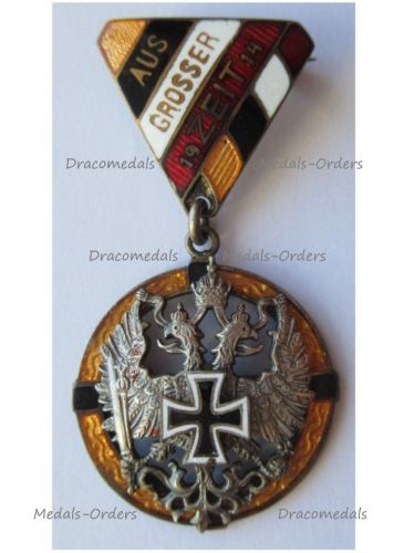 Austria Hungary WW1 Cap Badge Aus Grosser Zeit 1914 with the Double Headed Eagle Iron Cross and Shield in the Central Powers Flags Marked W & Gesch Gesch