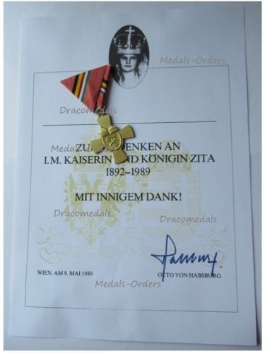 Austria Hungary Kaiserin Zita Memorial Cross 09 May 1989 by Schwertner with Document