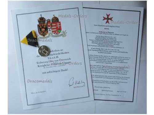 Austria Hungary Commemorative Medal for the Funeral of Crown Prince Otto von Habsburg 4 July 2011 with Diploma