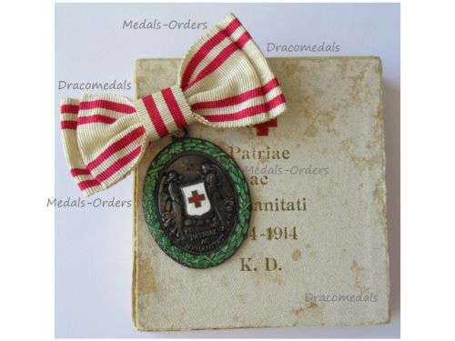 Austria Hungary WW1 Red Cross Silver Merit Medal with War Decoration 1864 1914 by G.A. Scheid on Ladies Bow for Female Recipients Boxed