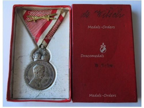 Austria Hungary WW1 Signum Laudis Military Merit Medal with Crown & Swords Silver Class Kaiser Karl 1917 1918 in Silvered Bronze Boxed