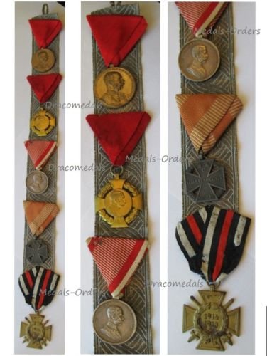 Austria Hungary WW1 5 Medal Set on Officer's Belt (Silver Bravery Medal, Hindenburg & Karl's Cross, Jubilee Medals of Kaiser FJ Reign 1848 1898 1908)