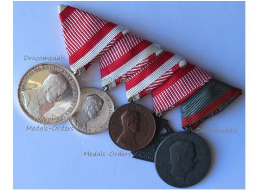 Austria Hungary WW1 5 Medal Set (Silver Large, Small, Bronze Fortitudini Bravery Medals, Laeso Militi Medal for Single Wound W&A, Karl's Troop Cross)