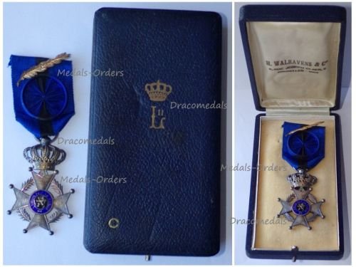 Belgium WW2 Order of Leopold II Officer's Cross with Gold Palms Boxed by Walravens Marked Silver 900