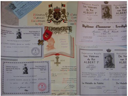 Belgium WW2 Cross of the Royal Federation of King Albert's Veterans 1909 1934 with Bronze, SIlver & Gold Palms with Diplomas to a British