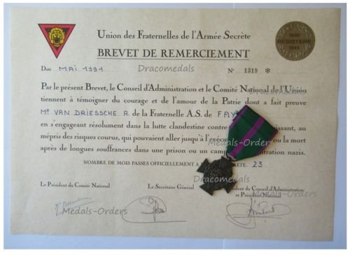 Belgium WW2 Recognition Cross of the Fraternal Unions of the Secret Army Bronze Class with Diploma