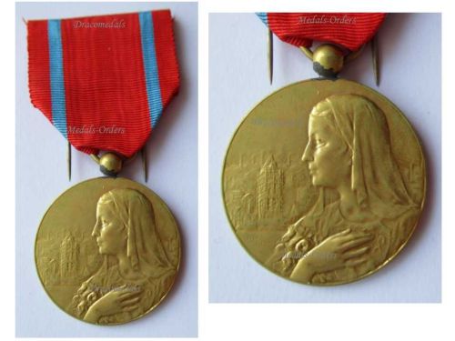 Belgium WW1 National Restoration Medal 1914 1918 Gilt Bilingual Type by Mauquoy