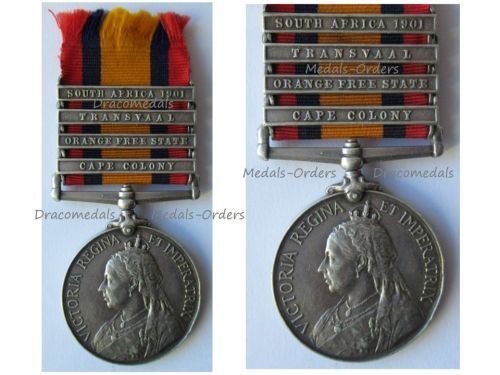 Britain Queen's South Africa Medal QSM with 4 Clasps 1901 Transvaal Cape Colony Orange Free State Cheshire Regiment