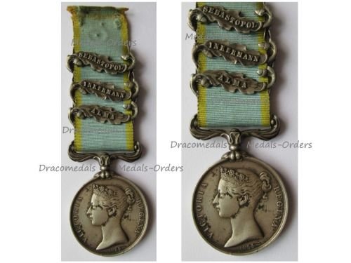 Britain Crimea Medal 1854 1856 by Wyon with Clasps Alma Inkermann Sebastopol Unnamed as Issued