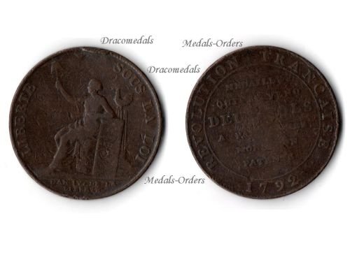 France Copper Revolutionary Coin 2 Sols 1792 Constitution by Dupre