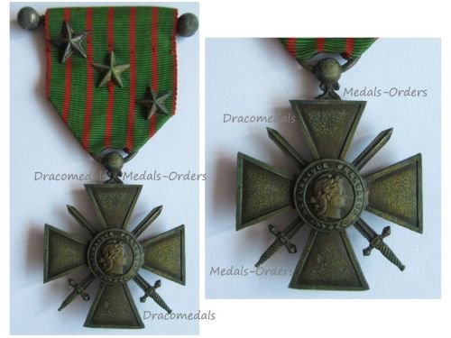 France WW1 War Cross 1914 1916 with 3 Citations 3 Stars (2 Bronze 1 Silver) & Officer's Bar