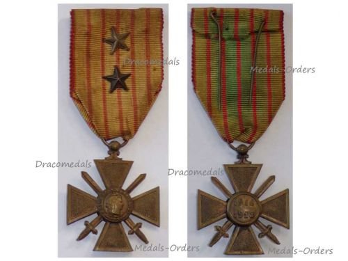 France WW1 War Cross 1914 1918 with 2 Citations 2 Stars (1 Bronze 1 Silver)