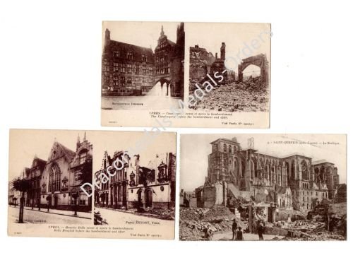 France WW1 Set of 3 Photographs Postcards (Bombed & Destroyed Cities Saint Quentin & Yser)