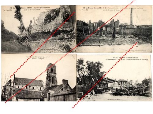 France WW1 4 Field Post Postcards Destroyed  City Souain Marne Silley Champagne French Photo 1914 1918 Great War WWI
