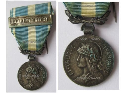 France WW1 Colonial Medal 1st Type 1893 1913 Bifacial with Clasp Extreme Orient in Silver Plated Bronze by Arthus Bertrand
