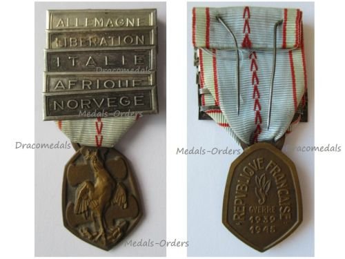 France WW2 Commemorative Medal 1939 1945 with 5 Clasps (Allemagne, Italie, Liberation, Afrique, Norvege) by the Paris Mint