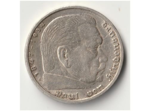 Germany 5 Reichsmark Coin 1936 A Paul Von Hindenburg