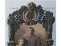 Germany WW1 Photo of a Bavarian NCO (Sergeant) in a Patriotic Frame with the German Imperial Eagle and the Flag of Bavaria