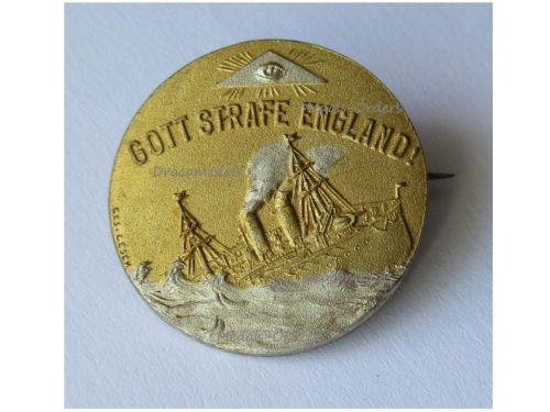 Germany WW1 Cap Badge Sinking of HMS Aboukir, Hogue, Cressy by U-9 Submarine, Got Straffe England, Gott Mit Uns, Iron Cross Marked Ges. Gesch.