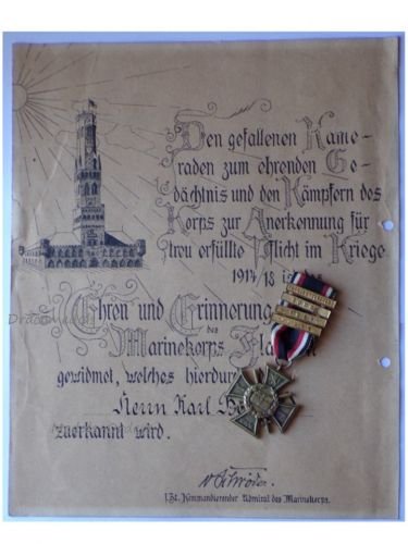 Germany WW1 Flanders Cross with 4 Clasps Somme, Ypern, Yser, Flandernschlacht & Diploma