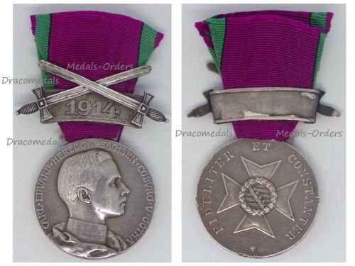 Germany WW1 Saxe Coburg Gotha Ducal House Order of Ernestine for War Merit Silver Medal w/ Crossed Swords Bar 1914 1st Type by Kawaczynski, Silver 990