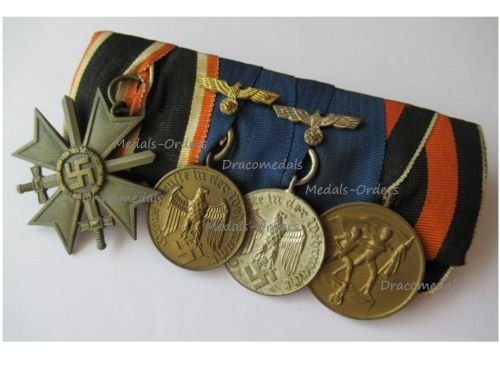 Germany WW2 Set of 4 Medals (Military Cross for War Merit with Swords, Long Service Medals 3rd 4th Class with Wehrmacht Navy Eagle, Sudetenland Medal)