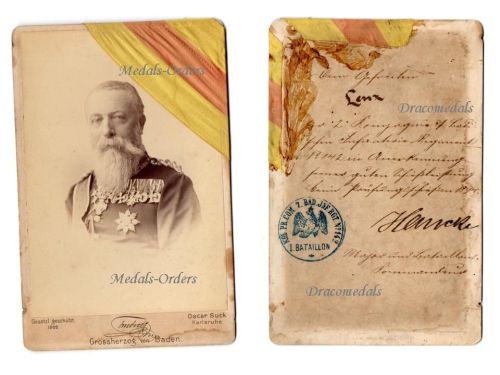 Germany Baden Grand Duke Friedrich Photo 1882 w/ Ribbon of Karl Friedrich Military Order of Merit, Shooting Prize, 7th Royal Infantry Regiment Nr. 142