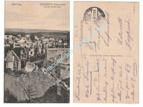 Germany WW1 Propaganda Postcard Destroyed Somme Py, 28th Infantry Regiment, Postmarked 1916