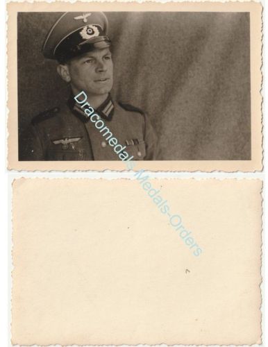 Germany WW2 Photo Wehrmacht Infantry Officer, Iron Cross & Sudetenland Medal Ribbon Bar, Visor Cap