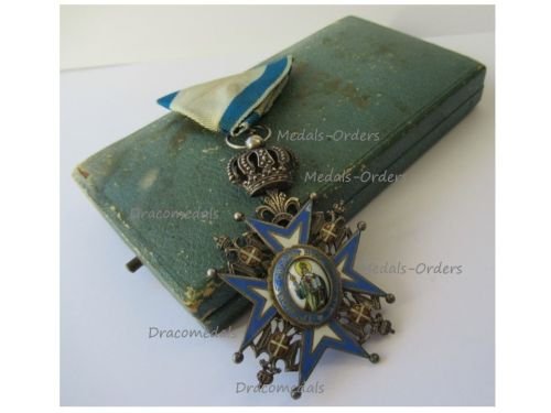 Serbia Order of Saint St Sava 1883 5th Class Knight's Cross 3rd Pattern with Green Robe 1921 1941 Boxed by Sorlini Varazdin