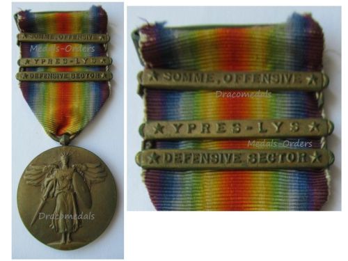 USA WWI Interallied Victory Medal with 3 Clasps (Somme Offensive, Ypres-Lys, Defensive Sector) for the 27th & 30th US Army Divisions
