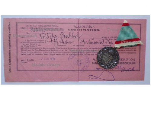 Hungary WW1 Commemorative Medal Pro Deo et Patria for Combatants with Diploma to German Officer Dated 1939