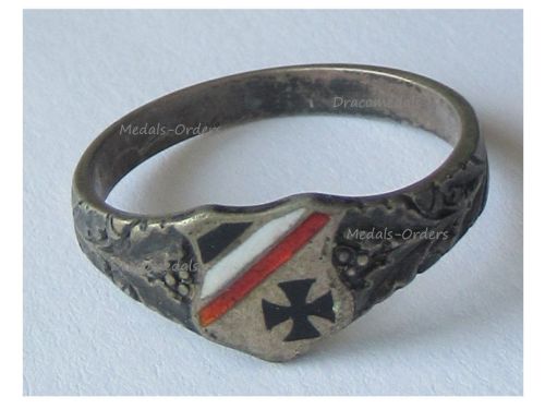Germany WW1 Silver Patriotic Ring, Iron Cross, Oak Leaves, German Imperial Flag Colors