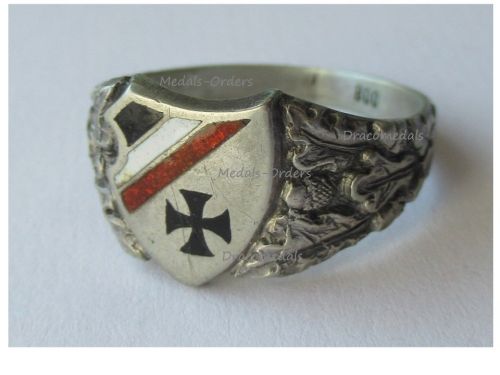 Germany WW1 Silver Patriotic Ring, Iron Cross, German Imperial Flag Colors & Oak Leaves Marked 800